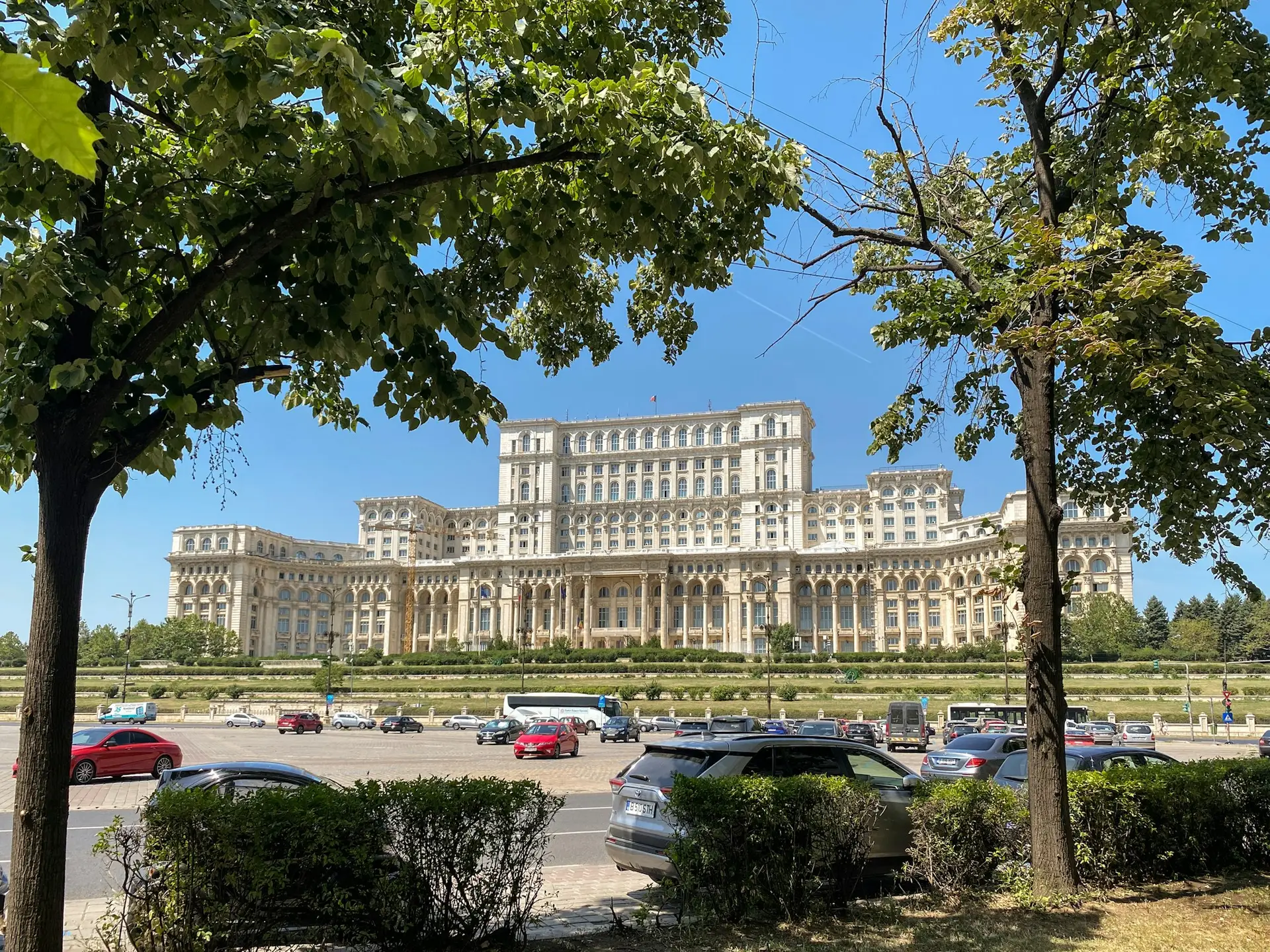 Monumental façade of the Palace of Parliament in Bucharest.
