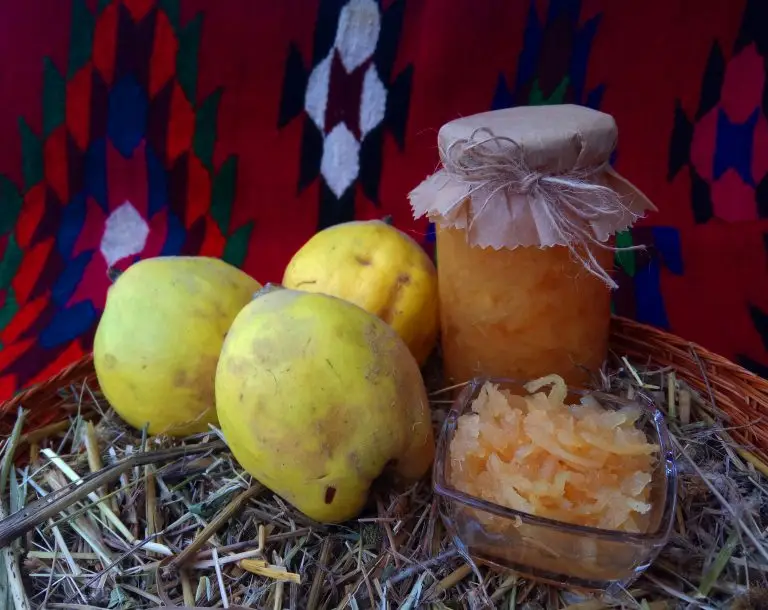 Porție de dulceață aurie de gutui, fotografiată în Macedonia de Nord.