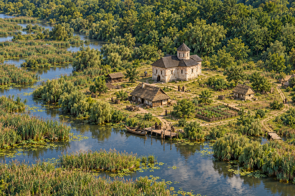 Artist’s impression of Tânganu Monastery around 1464, showing the small church, timber accommodation, wetland landing and village access from the south.