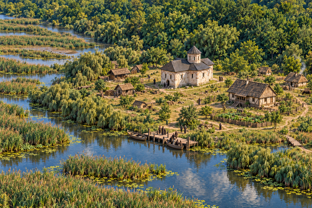 Artist’s impression of Tânganu Monastery in 1657, showing the south-eastern timber residence, working buildings, boat landing and wetland paths.