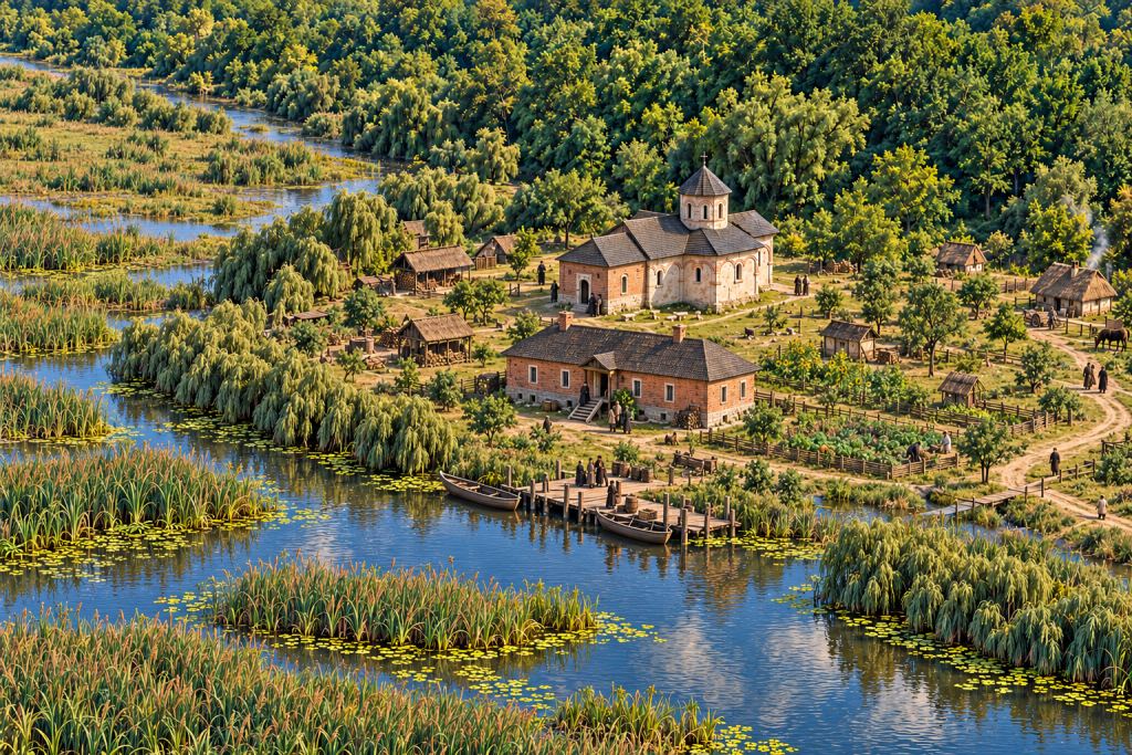 Artist’s impression of Tânganu Monastery around 1700, showing the western church extension, southern brick residence, repaired landing and village track.